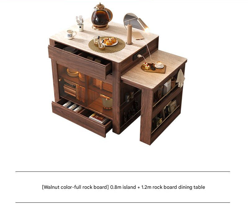 Island dining table integrated household retractable simple high-end rock slab kitchen bar solid wood dual-purpose guide table