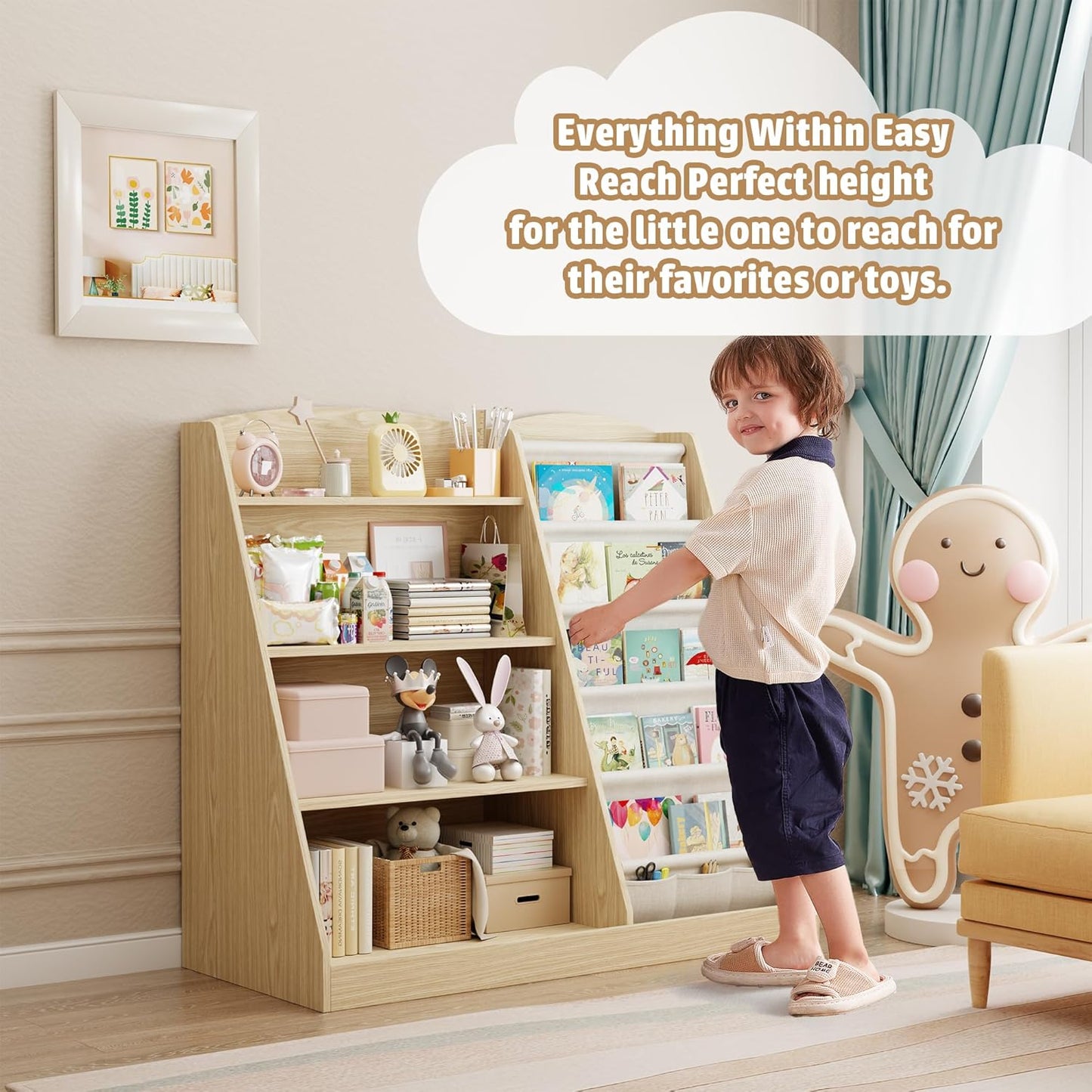 Kids Bookshelf and Toy Storage Organizer 4 Tier Wooden Kids Book Shelf with Sling Book,Baby walking bookshelf,book display shelf for Nursery Playroom, children's room kindergarten, classroom,library