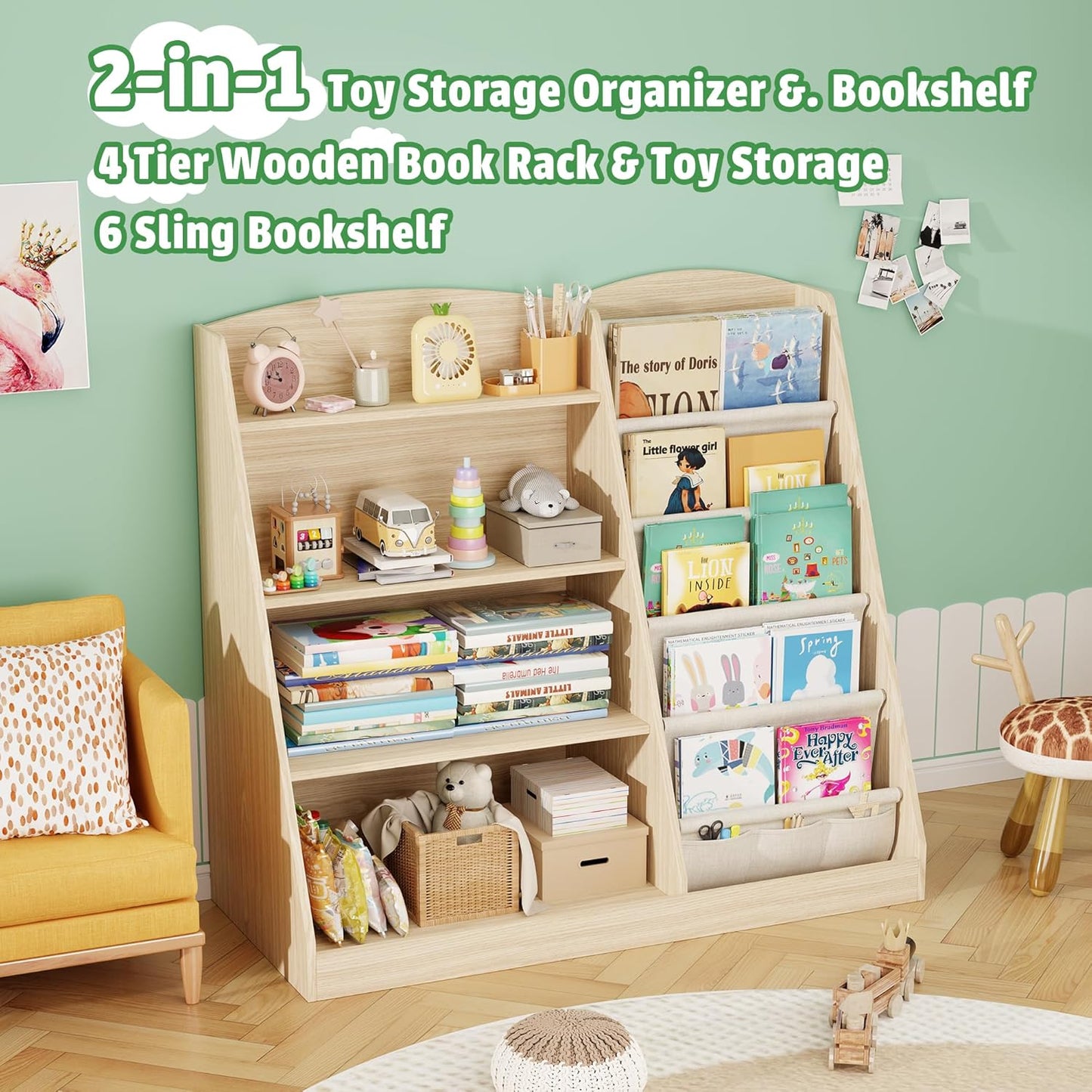 Kids Bookshelf and Toy Storage Organizer 4 Tier Wooden Kids Book Shelf with Sling Book,Baby walking bookshelf,book display shelf for Nursery Playroom, children's room kindergarten, classroom,library