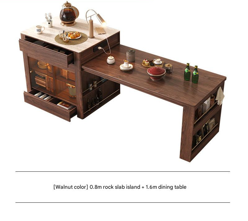 Island dining table integrated household retractable simple high-end rock slab kitchen bar solid wood dual-purpose guide table