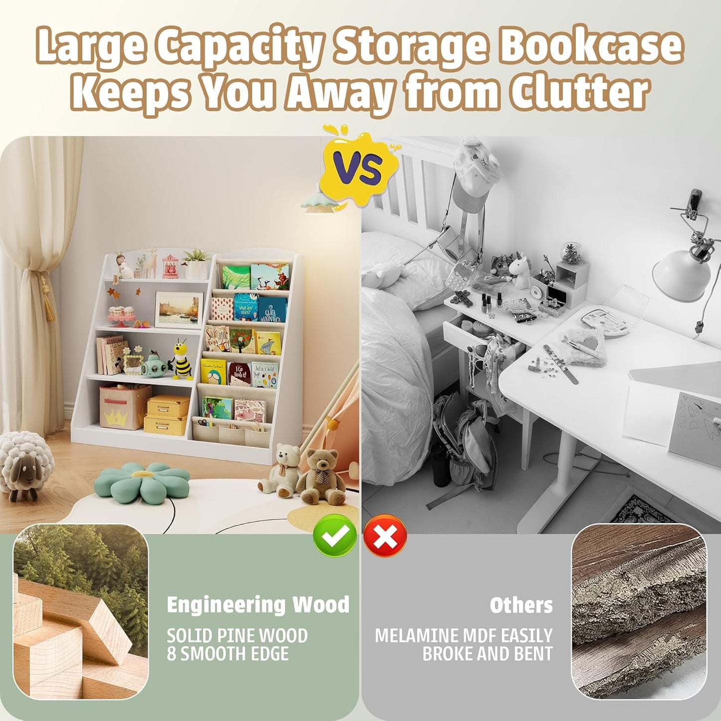 Kids Bookshelf and Toy Storage Organizer 4 Tier Wooden Kids Book Shelf with Sling Book,Baby walking bookshelf,book display shelf for Nursery Playroom, children's room kindergarten, classroom,library