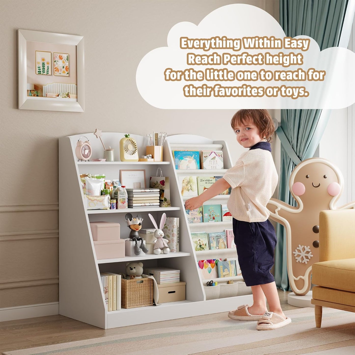 Kids Bookshelf and Toy Storage Organizer 4 Tier Wooden Kids Book Shelf with Sling Book,Baby walking bookshelf,book display shelf for Nursery Playroom, children's room kindergarten, classroom,library