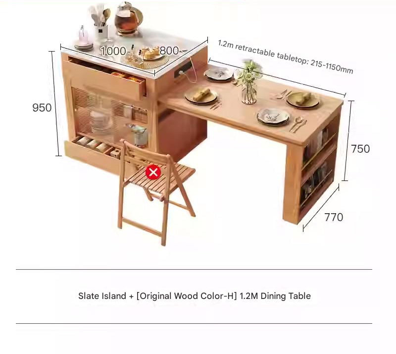 Island dining table integrated household retractable simple high-end rock slab kitchen bar solid wood dual-purpose guide table