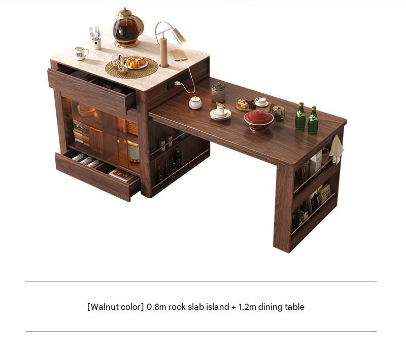 Island dining table integrated household retractable simple high-end rock slab kitchen bar solid wood dual-purpose guide table