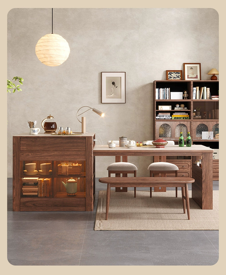 Island dining table integrated household retractable simple high-end rock slab kitchen bar solid wood dual-purpose guide table