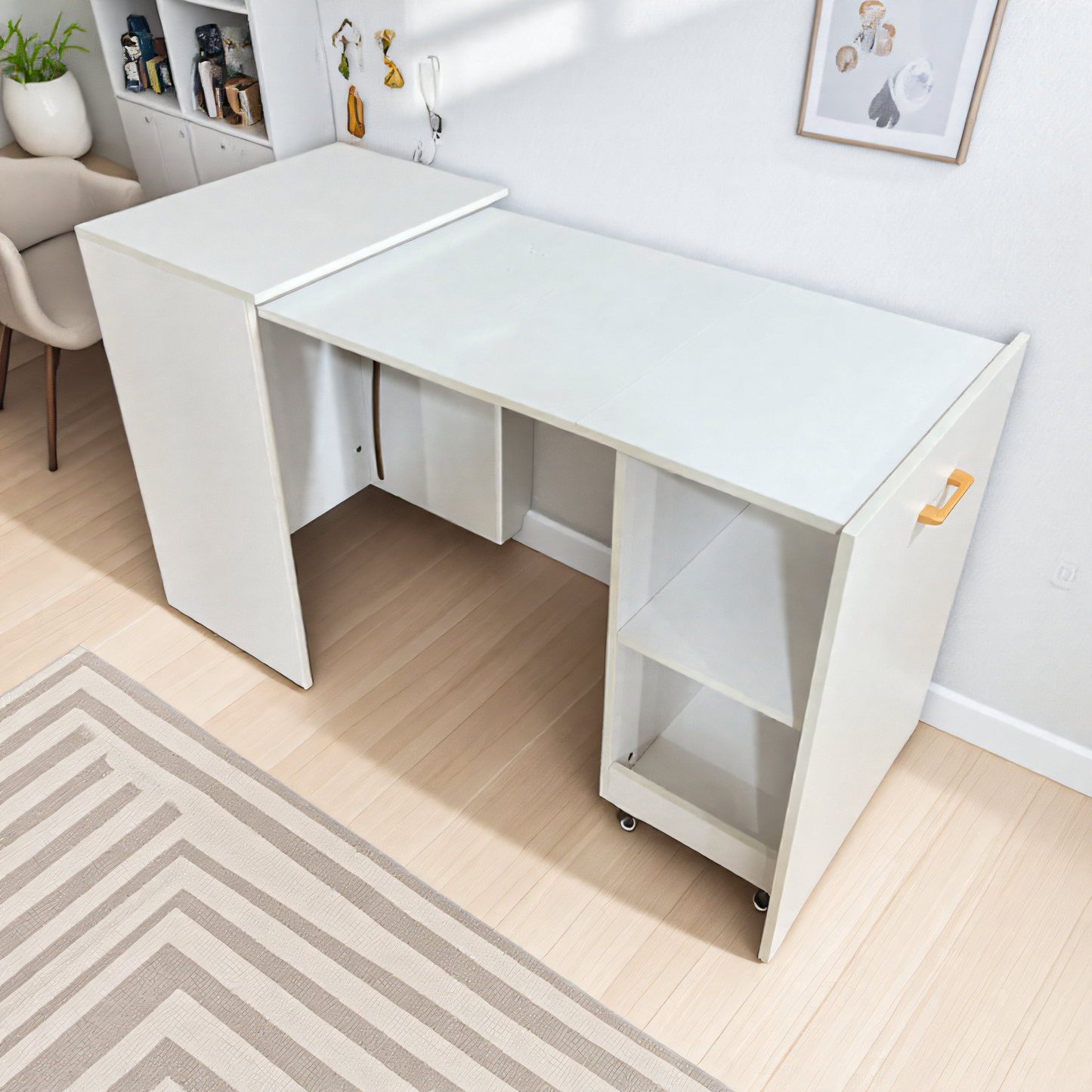 Minimalist White Rolling Foldable Desk Extendable Dining Table Compact All in One Furniture for Home Office