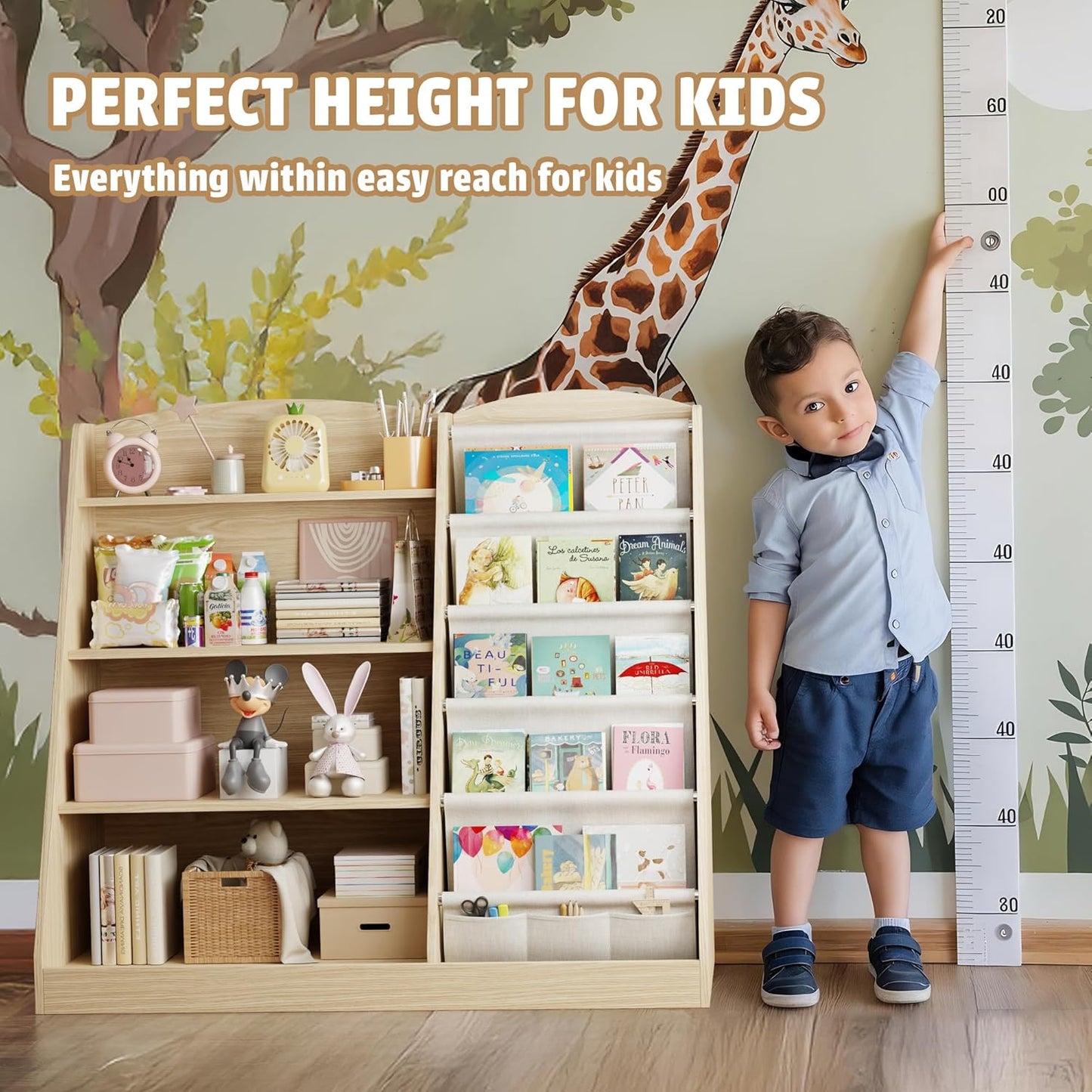 Kids Bookshelf and Toy Storage Organizer 4 Tier Wooden Kids Book Shelf with Sling Book,Baby walking bookshelf,book display shelf for Nursery Playroom, children's room kindergarten, classroom,library