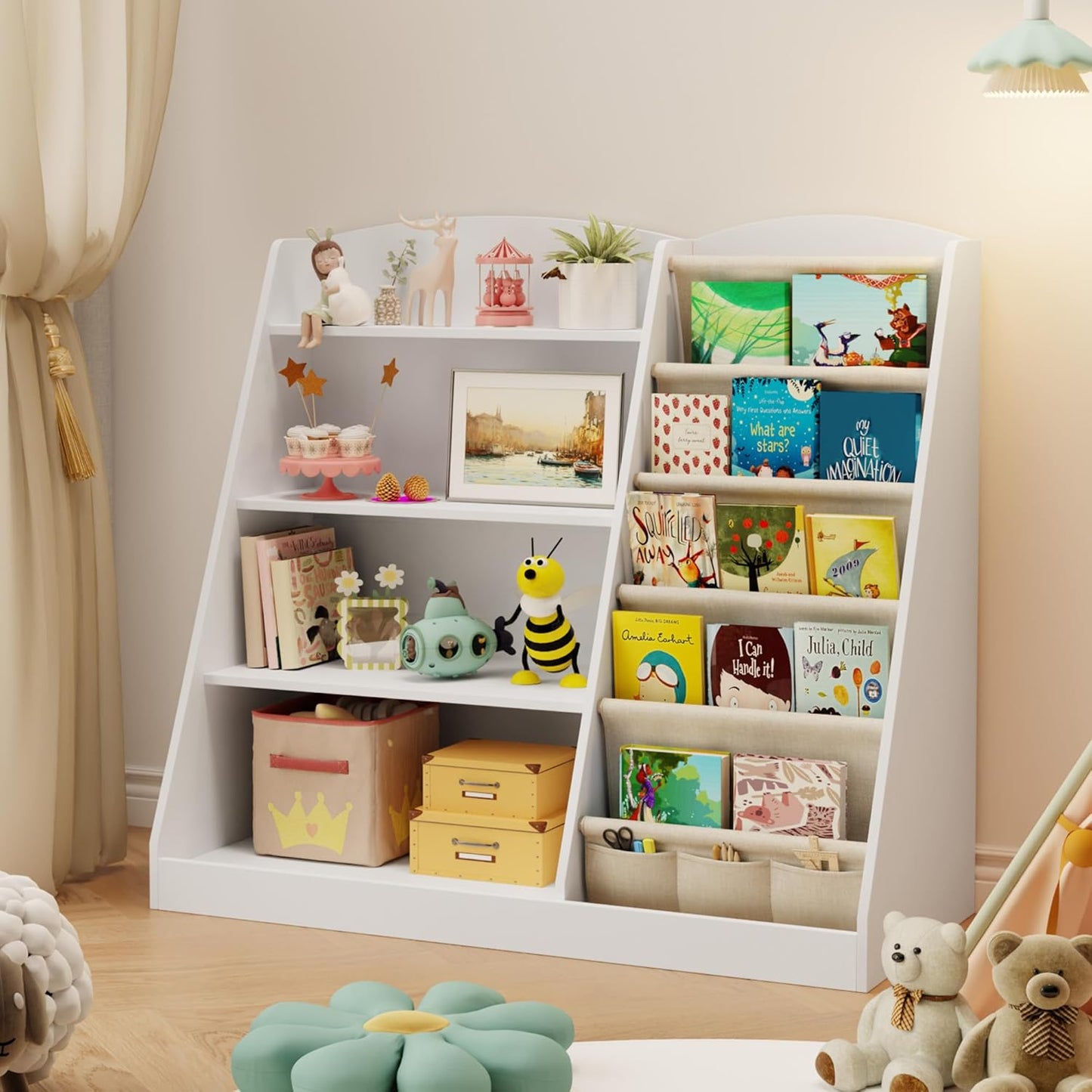 Kids Bookshelf and Toy Storage Organizer 4 Tier Wooden Kids Book Shelf with Sling Book,Baby walking bookshelf,book display shelf for Nursery Playroom, children's room kindergarten, classroom,library