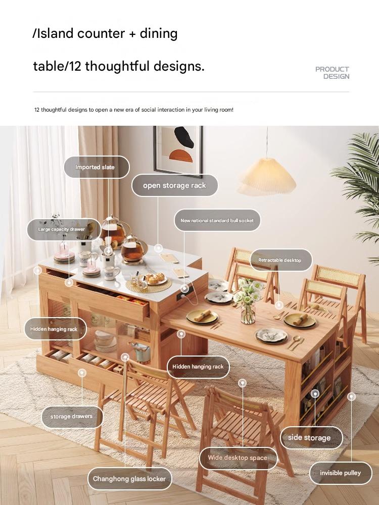 Island dining table integrated household retractable simple high-end rock slab kitchen bar solid wood dual-purpose guide table