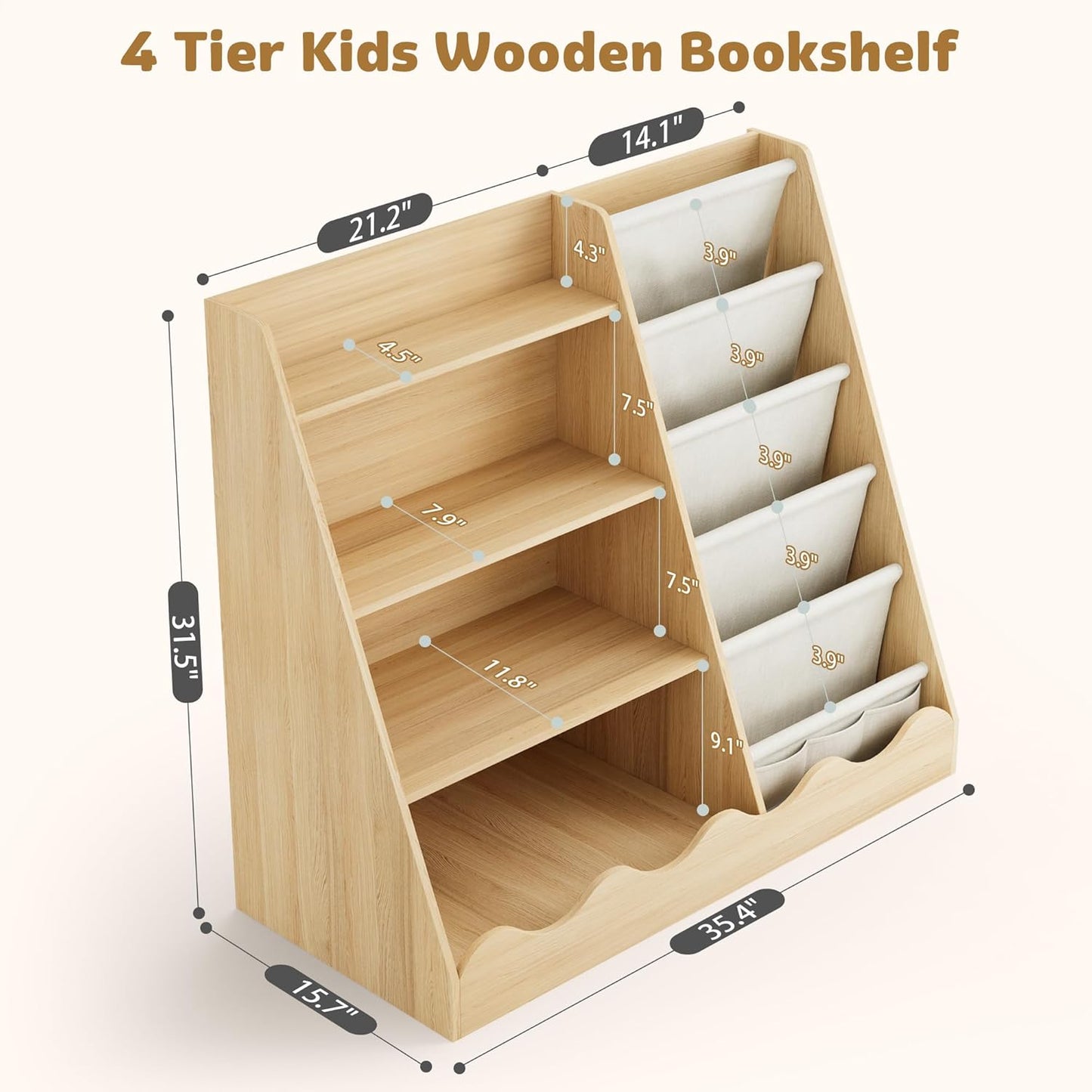 Kids Bookshelf and Toys Storage Cabinet, Wooden Bookcase for Kids Room, 4 Tier Baby Book Shelf with Storage, 5 Shelf Book case in Kids Room Playroom Nursery for Kids, Children, Toddlers
