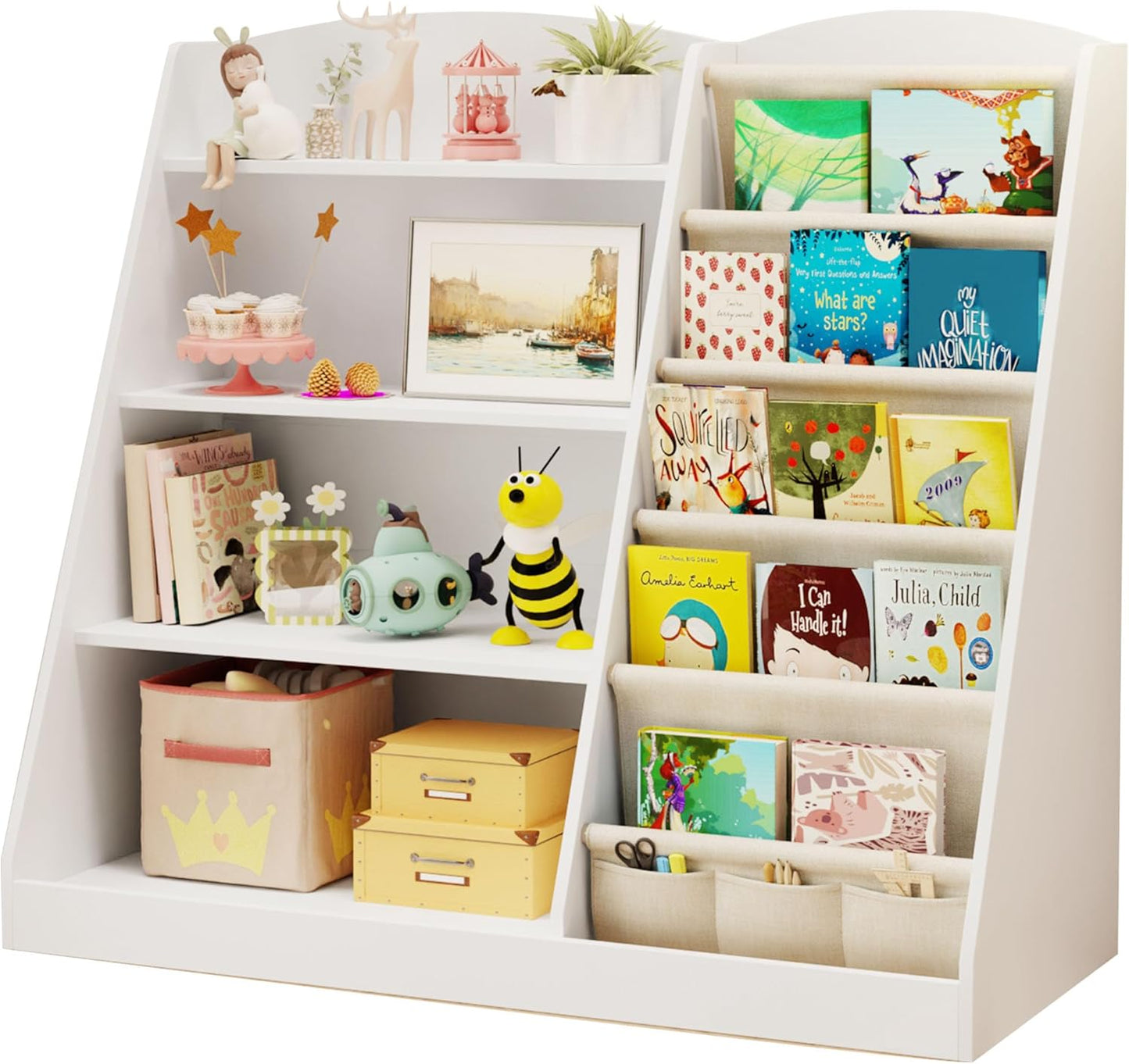 Kids Bookshelf and Toy Storage Organizer 4 Tier Wooden Kids Book Shelf with Sling Book,Baby walking bookshelf,book display shelf for Nursery Playroom, children's room kindergarten, classroom,library