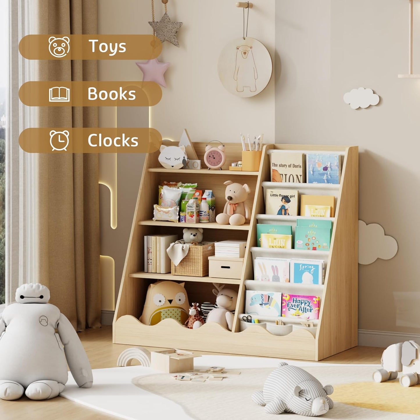 Kids Bookshelf and Toys Storage Cabinet, Wooden Bookcase for Kids Room, 4 Tier Baby Book Shelf with Storage, 5 Shelf Book case in Kids Room Playroom Nursery for Kids, Children, Toddlers