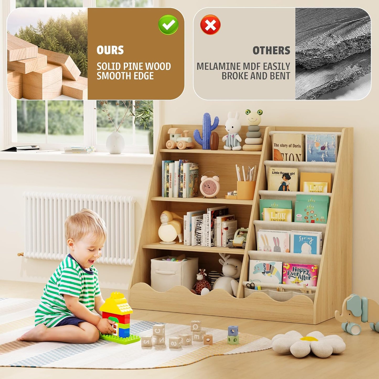 Kids Bookshelf and Toys Storage Cabinet, Wooden Bookcase for Kids Room, 4 Tier Baby Book Shelf with Storage, 5 Shelf Book case in Kids Room Playroom Nursery for Kids, Children, Toddlers