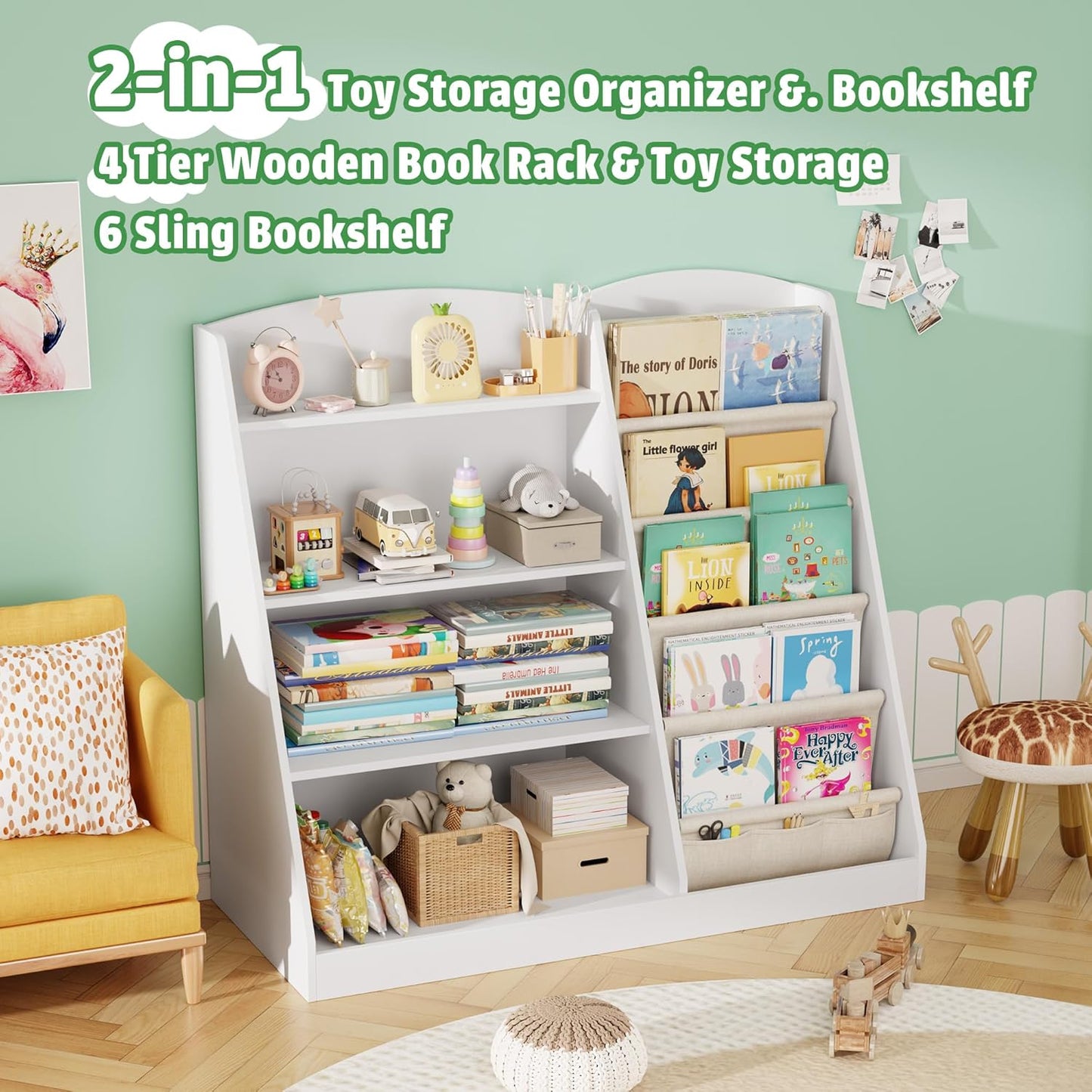 Kids Bookshelf and Toy Storage Organizer 4 Tier Wooden Kids Book Shelf with Sling Book,Baby walking bookshelf,book display shelf for Nursery Playroom, children's room kindergarten, classroom,library