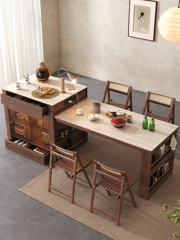 Island dining table integrated household retractable simple high-end rock slab kitchen bar solid wood dual-purpose guide table