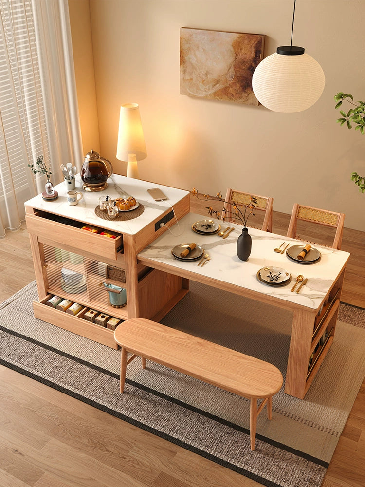Island dining table integrated household retractable simple high-end rock slab kitchen bar solid wood dual-purpose guide table