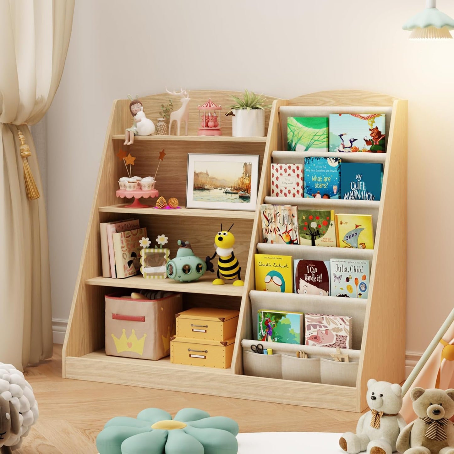Kids Bookshelf and Toy Storage Organizer 4 Tier Wooden Kids Book Shelf with Sling Book,Baby walking bookshelf,book display shelf for Nursery Playroom, children's room kindergarten, classroom,library