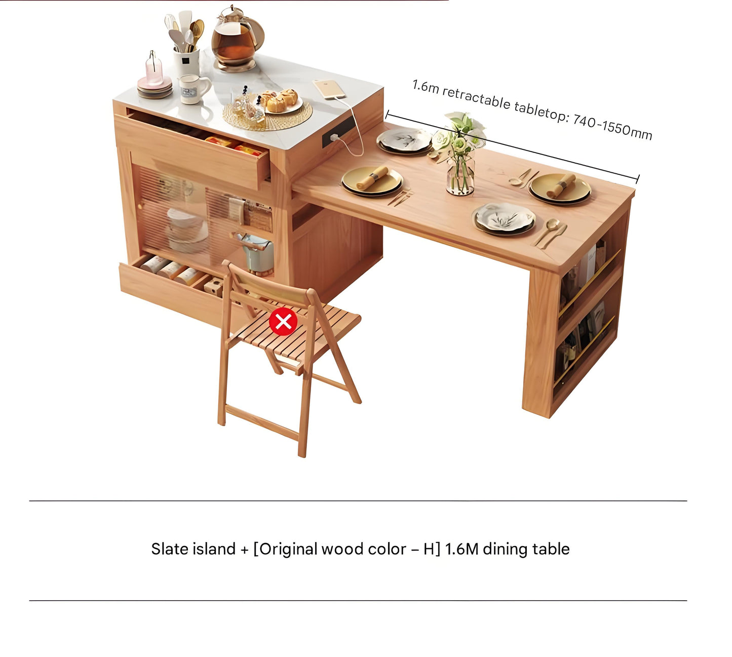 Island dining table integrated household retractable simple high-end rock slab kitchen bar solid wood dual-purpose guide table